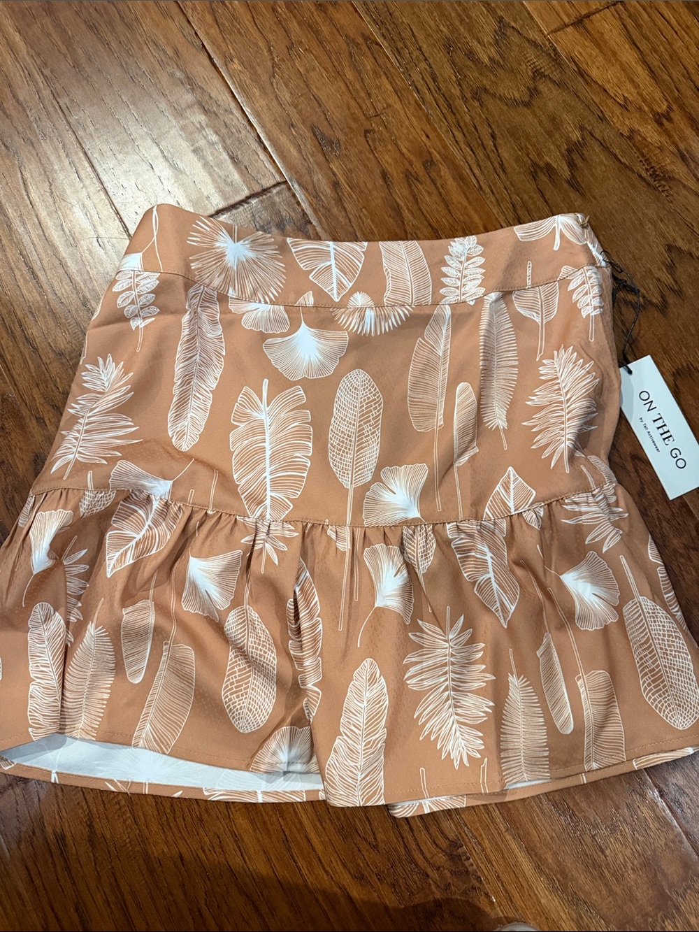 Women's Mini Skirt in Tan with White Leaf Print